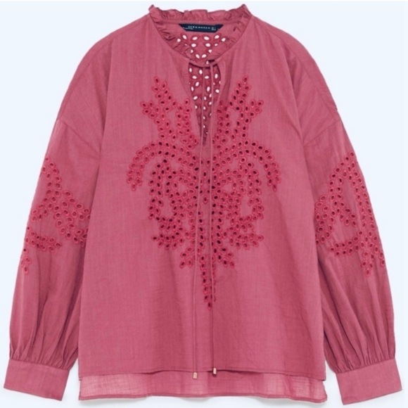 ZARA Embroidered Blouse Eyelet Long Sleeve Ruffle Trim Size Oversized XS - Picture 1 of 9